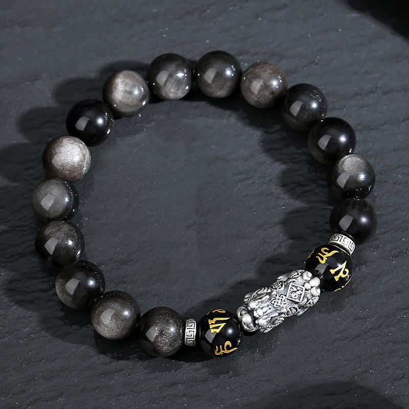 Bracelet de force en obsidienne noire naturelle PiXiu en argent sterling 999 et Buddha Stones