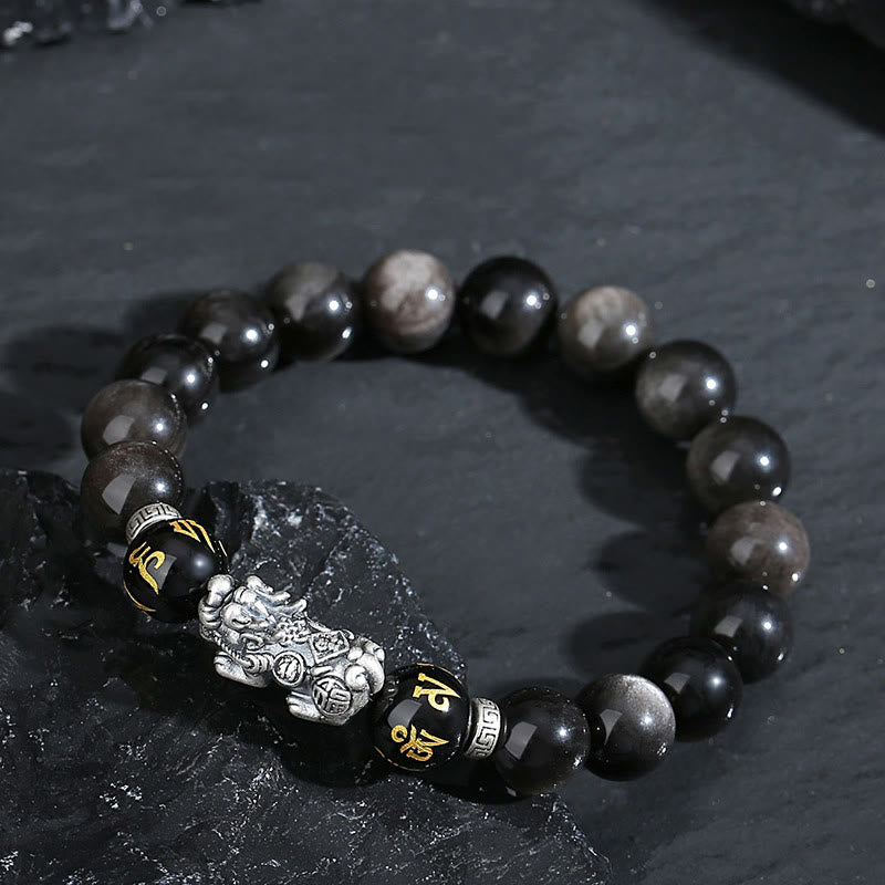 Bracelet de force en obsidienne noire naturelle PiXiu en argent sterling 999 et Buddha Stones
