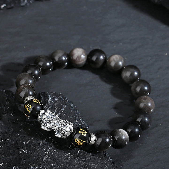 Bracelet de force en obsidienne noire naturelle PiXiu en argent sterling 999 et Buddha Stones