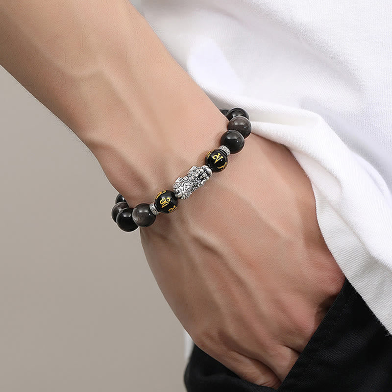 Bracelet de force en obsidienne noire naturelle PiXiu en argent sterling 999 et Buddha Stones