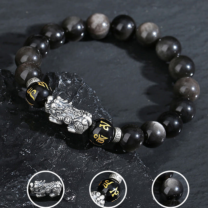 Bracelet de force en obsidienne noire naturelle PiXiu en argent sterling 999 et Buddha Stones