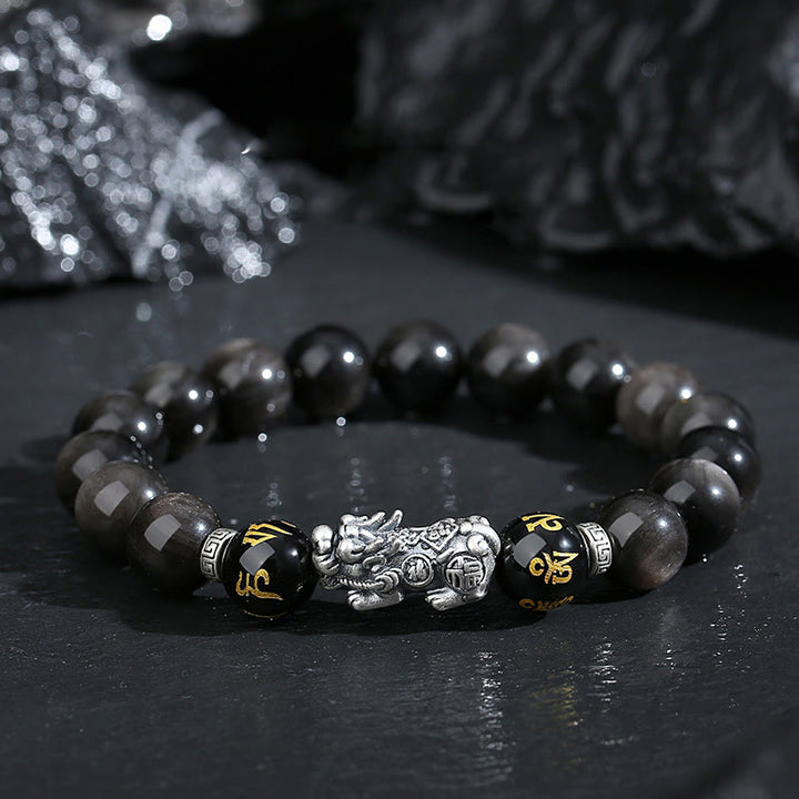 Bracelet de force en obsidienne noire naturelle PiXiu en argent sterling 999 et Buddha Stones