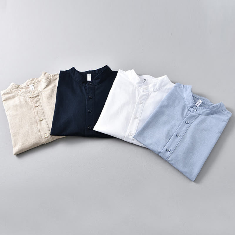 Chemise d'été en coton et lin à manches courtes et demi-boutons pour homme, couleur unie, motif Buddha Stones