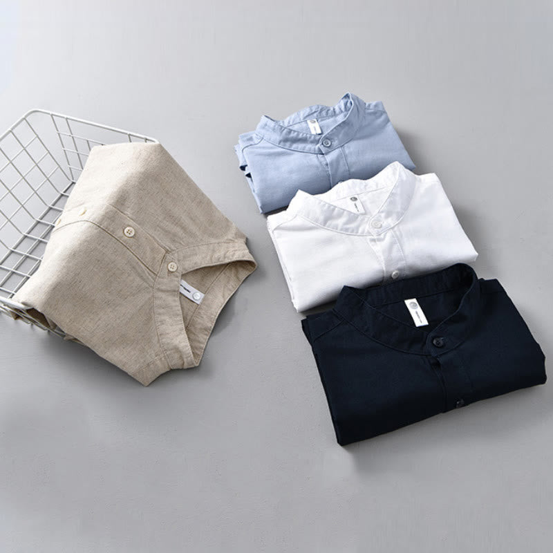 Chemise d'été en coton et lin à manches courtes et demi-boutons pour homme, couleur unie, motif Buddha Stones