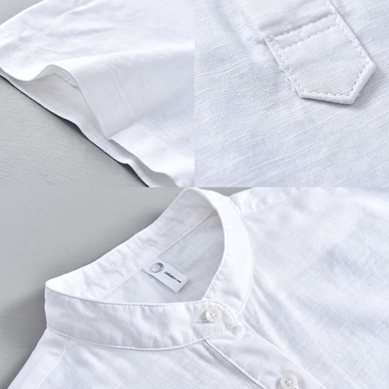 Chemise d'été en coton et lin à manches courtes et demi-boutons pour homme, couleur unie, motif Buddha Stones