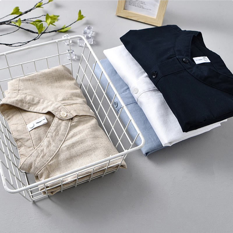 Chemise d'été en coton et lin à manches courtes et demi-boutons pour homme, couleur unie, motif Buddha Stones