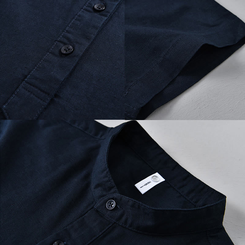 Chemise d'été en coton et lin à manches courtes et demi-boutons pour homme, couleur unie, motif Buddha Stones