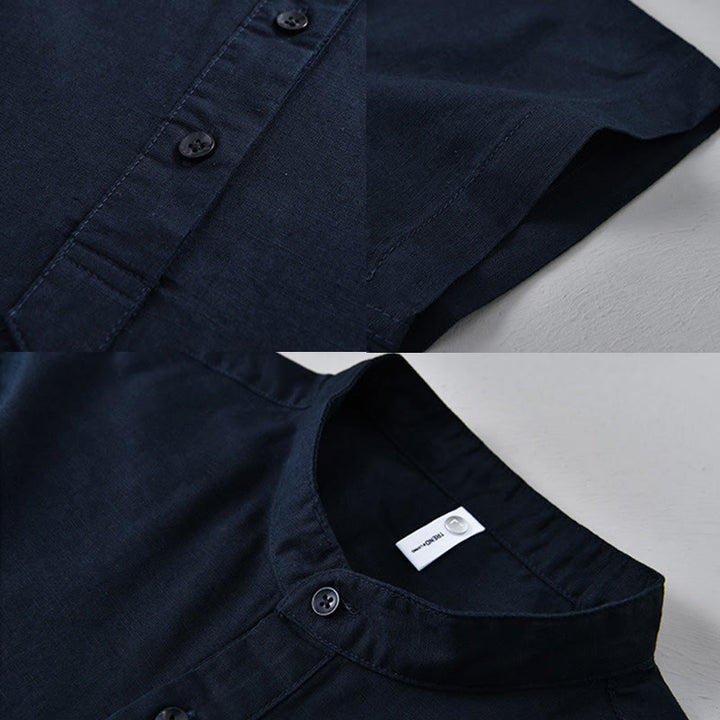 Chemise d'été en coton et lin à manches courtes et demi-boutons pour homme, couleur unie, motif Buddha Stones