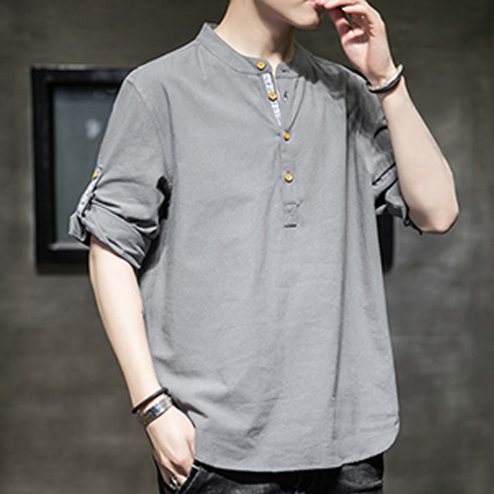 Chemise d'été en lin à manches mi-longues et boutons Buddha Stones pour homme