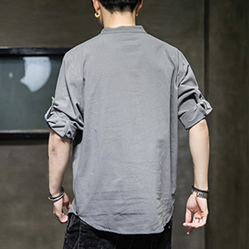 Chemise d'été en lin à manches mi-longues et boutons Buddha Stones pour homme