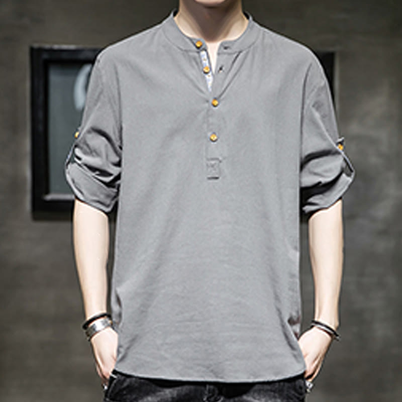 Chemise d'été en lin à manches mi-longues et boutons Buddha Stones pour homme