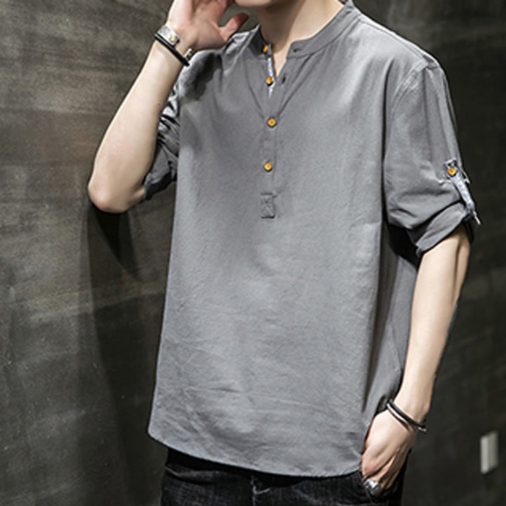 Chemise d'été en lin à manches mi-longues et boutons Buddha Stones pour homme