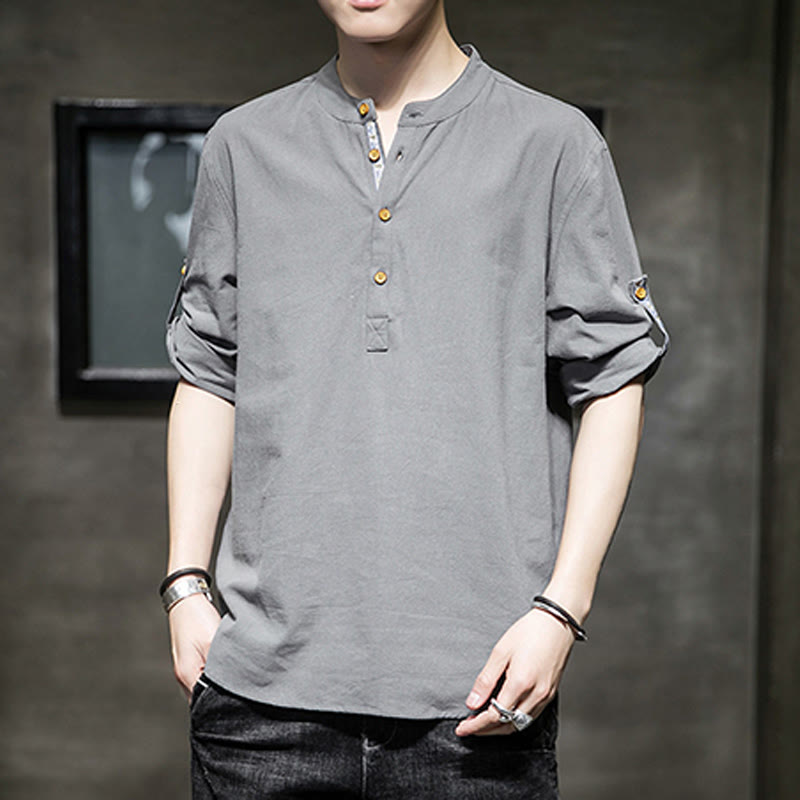 Chemise d'été en lin à manches mi-longues et boutons Buddha Stones pour homme