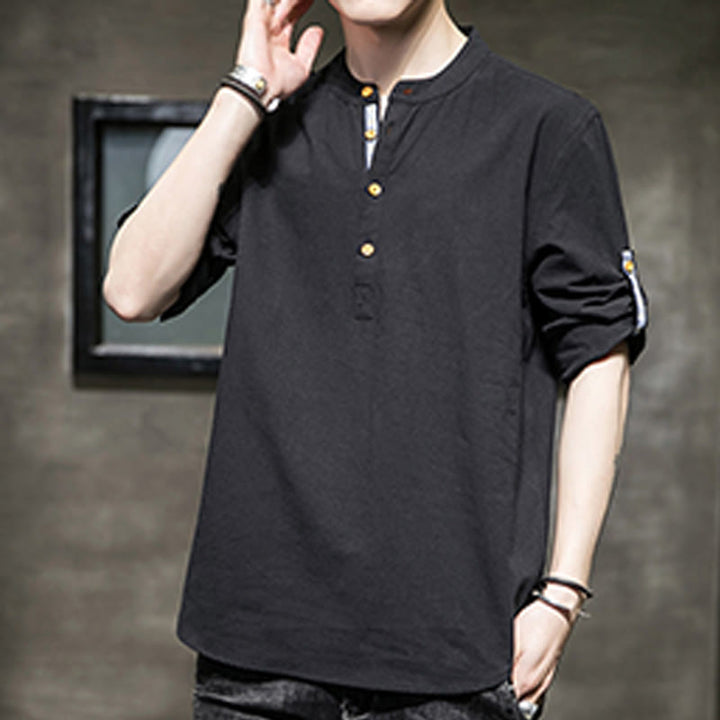 Chemise d'été en lin à manches mi-longues et boutons Buddha Stones pour homme