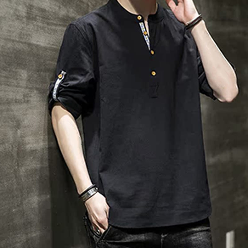 Chemise d'été en lin à manches mi-longues et boutons Buddha Stones pour homme