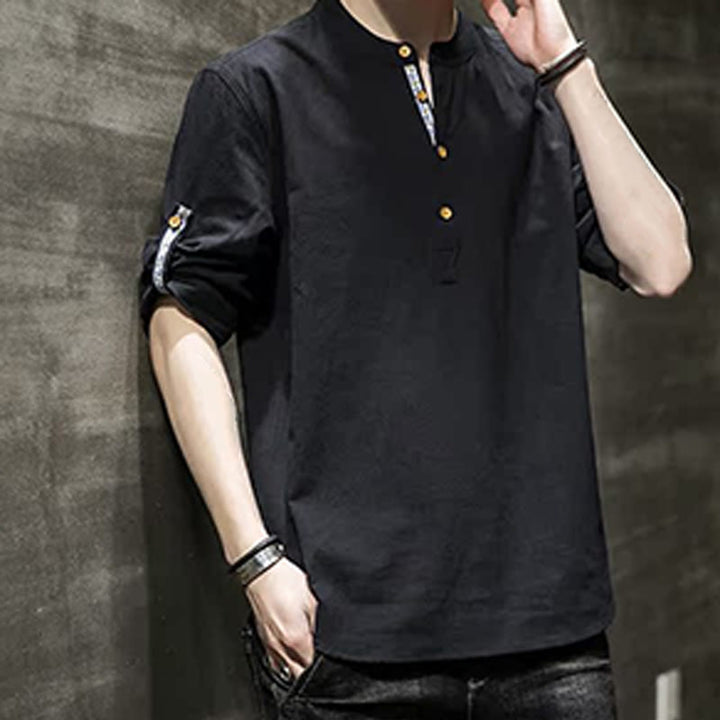 Chemise d'été en lin à manches mi-longues et boutons Buddha Stones pour homme