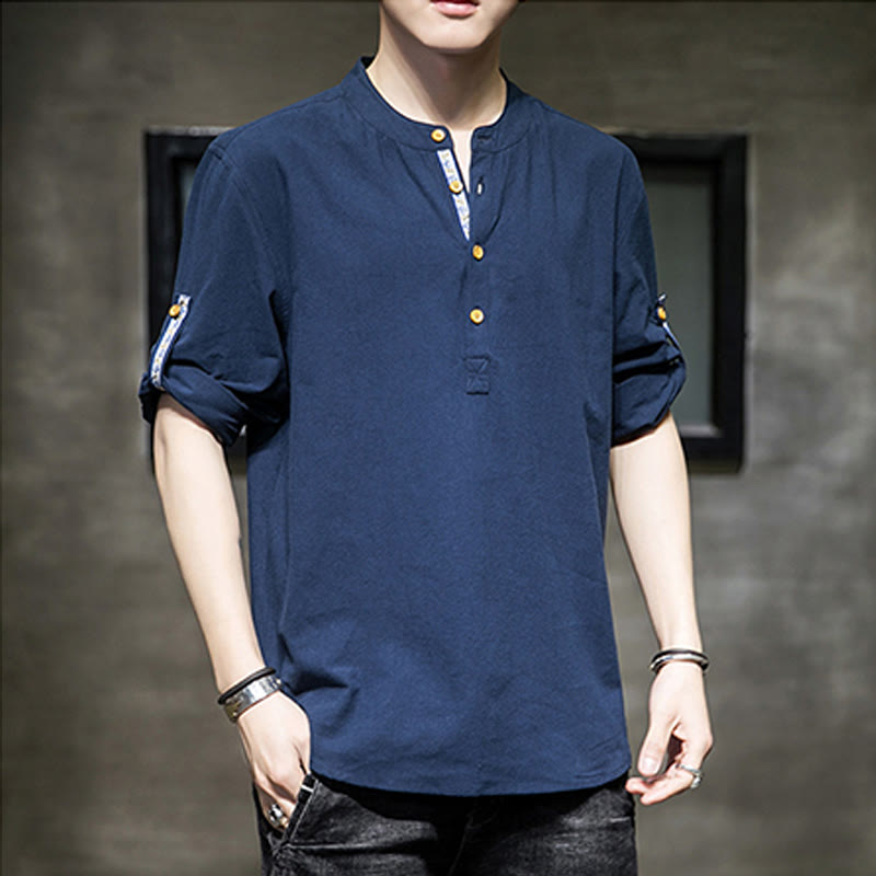 Chemise d'été en lin à manches mi-longues et boutons Buddha Stones pour homme