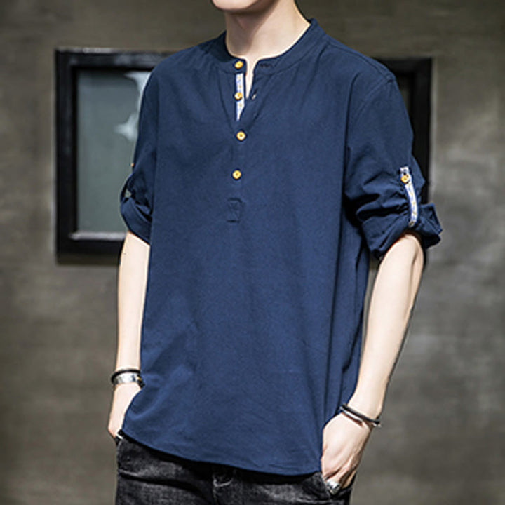 Chemise d'été en lin à manches mi-longues et boutons Buddha Stones pour homme