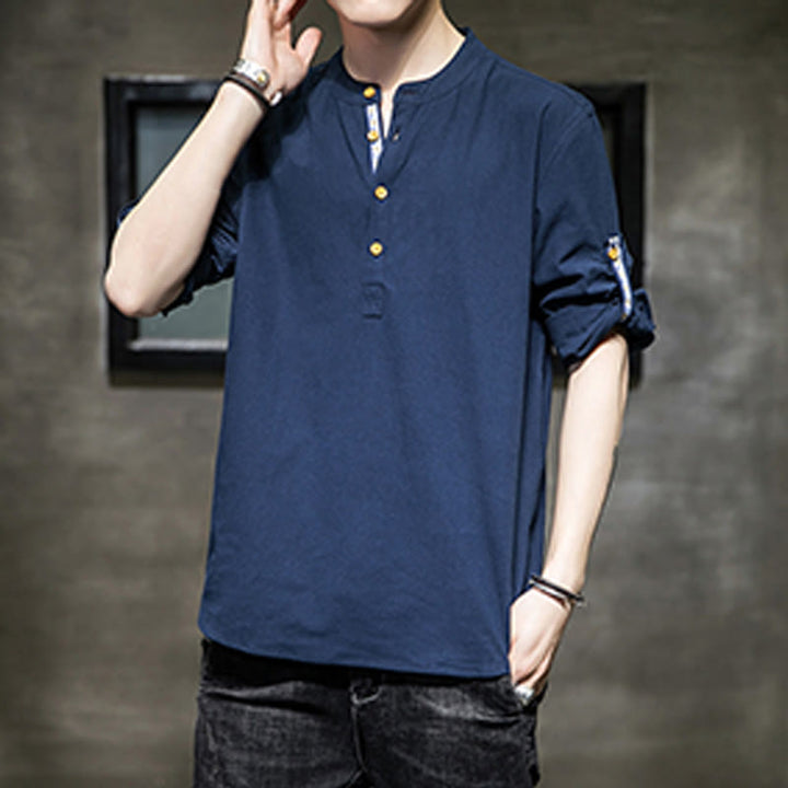 Chemise d'été en lin à manches mi-longues et boutons Buddha Stones pour homme