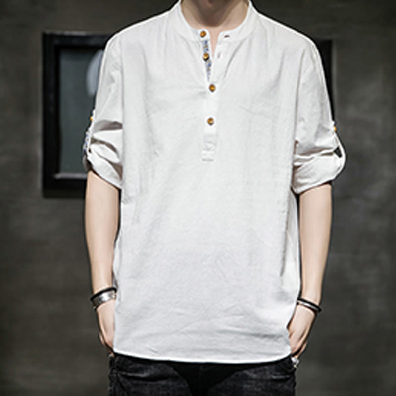 Chemise d'été en lin à manches mi-longues et boutons Buddha Stones pour homme