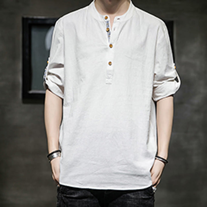 Chemise d'été en lin à manches mi-longues et boutons Buddha Stones pour homme