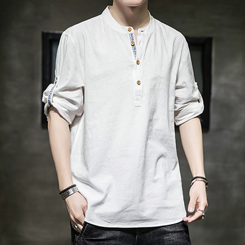 Chemise d'été en lin à manches mi-longues et boutons Buddha Stones pour homme