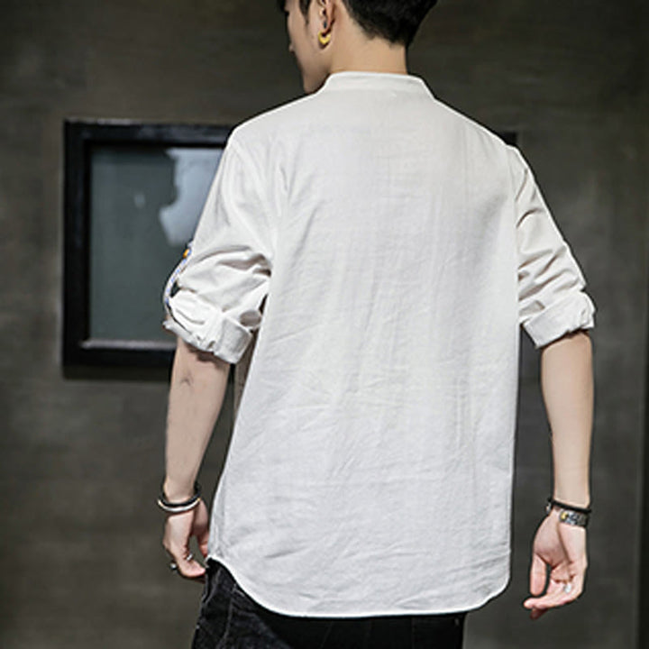 Chemise d'été en lin à manches mi-longues et boutons Buddha Stones pour homme