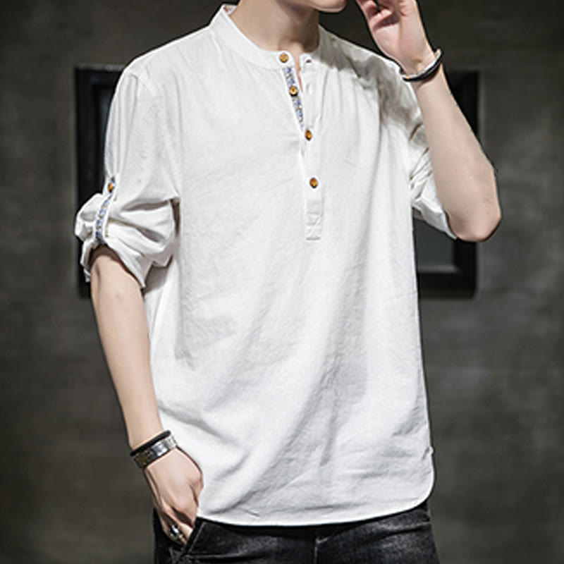 Chemise d'été en lin à manches mi-longues et boutons Buddha Stones pour homme