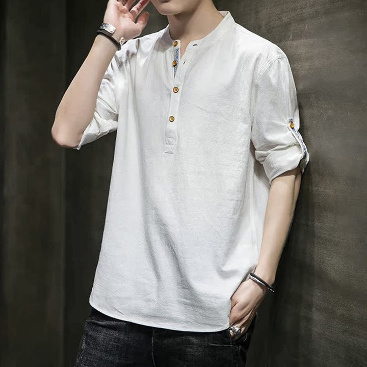 Chemise d'été en lin à manches mi-longues et boutons Buddha Stones pour homme