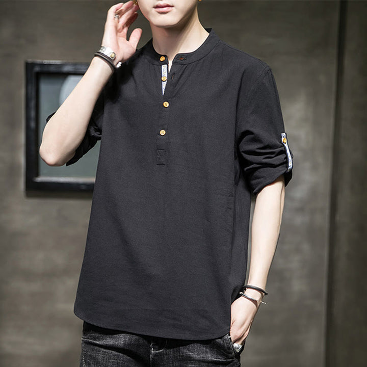 Chemise d'été en lin à manches mi-longues et boutons Buddha Stones pour homme