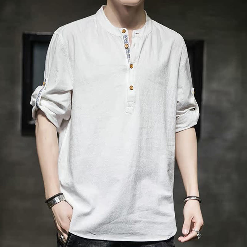 Chemise d'été en lin à manches mi-longues et boutons Buddha Stones pour homme