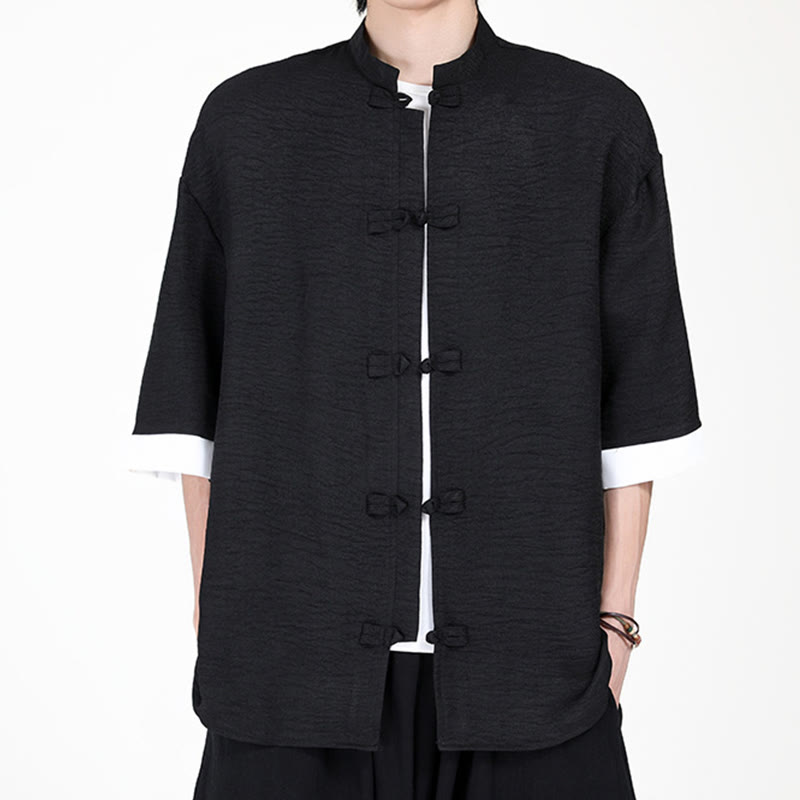 Chemise à manches mi-longues pour homme, motif Buddha Stones, style Tang uni, avec boutons grenouille