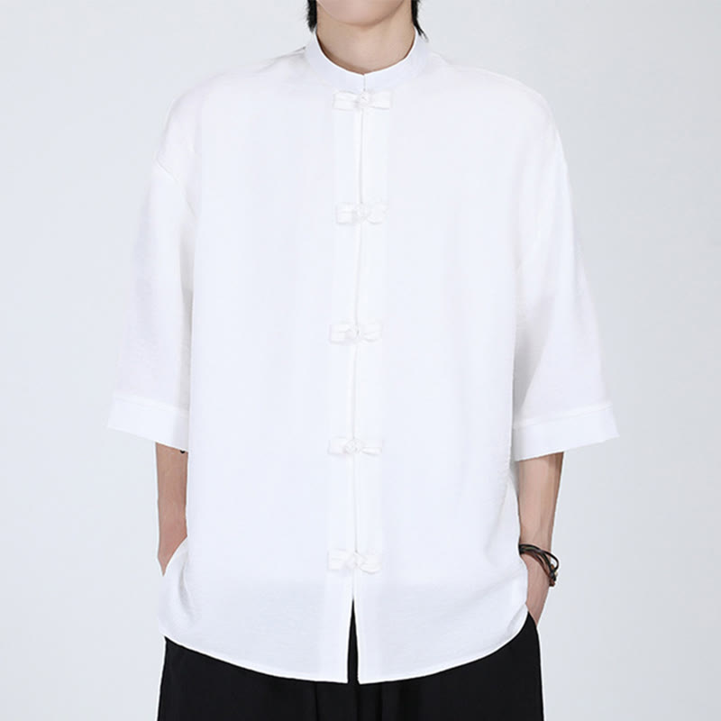 Chemise à manches mi-longues pour homme, motif Buddha Stones, style Tang uni, avec boutons grenouille