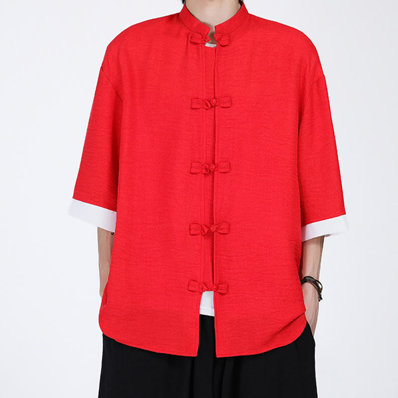 Chemise à manches mi-longues pour homme, motif Buddha Stones, style Tang uni, avec boutons grenouille