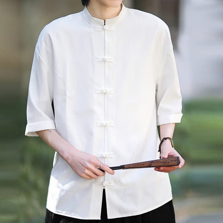 Chemise à manches mi-longues pour homme, motif Buddha Stones, style Tang uni, avec boutons grenouille