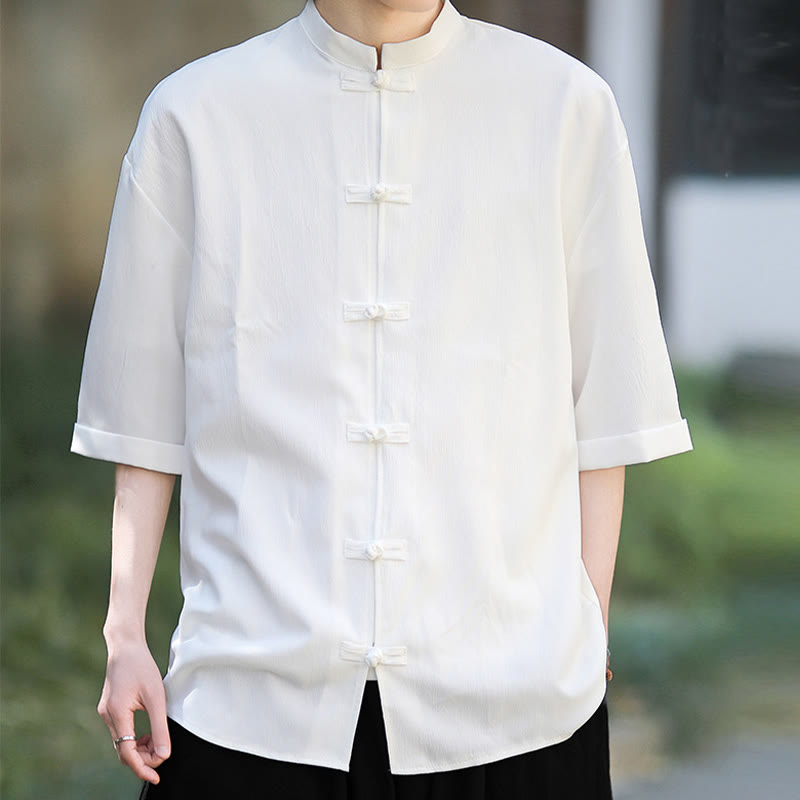 Chemise à manches mi-longues pour homme, motif Buddha Stones, style Tang uni, avec boutons grenouille