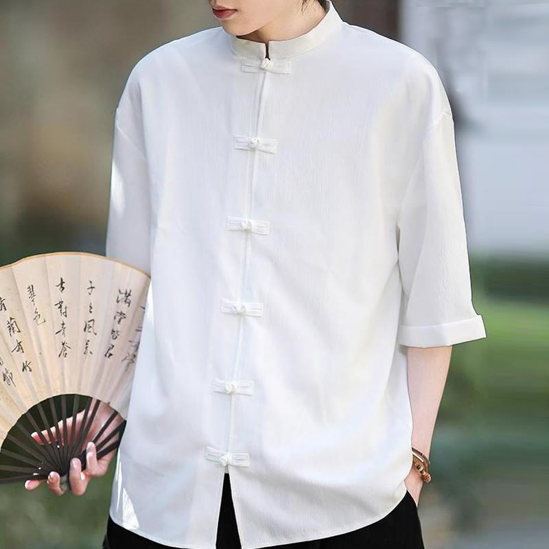 Chemise à manches mi-longues pour homme, motif Buddha Stones, style Tang uni, avec boutons grenouille