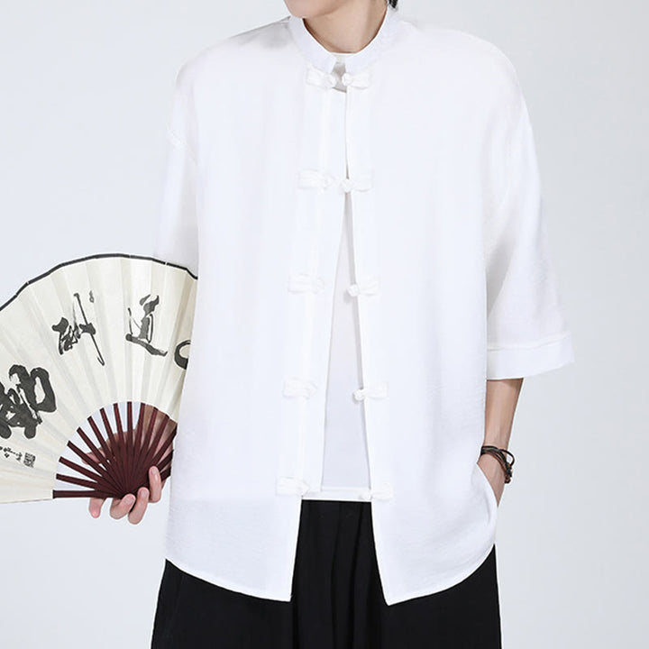 Chemise à manches mi-longues pour homme, motif Buddha Stones, style Tang uni, avec boutons grenouille