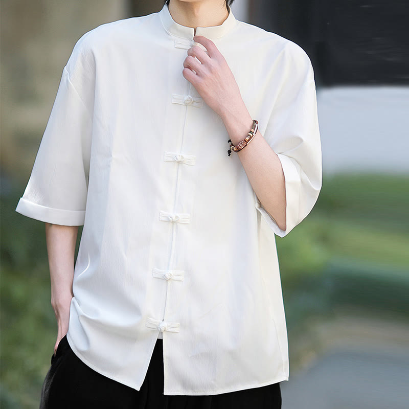 Chemise à manches mi-longues pour homme, motif Buddha Stones, style Tang uni, avec boutons grenouille