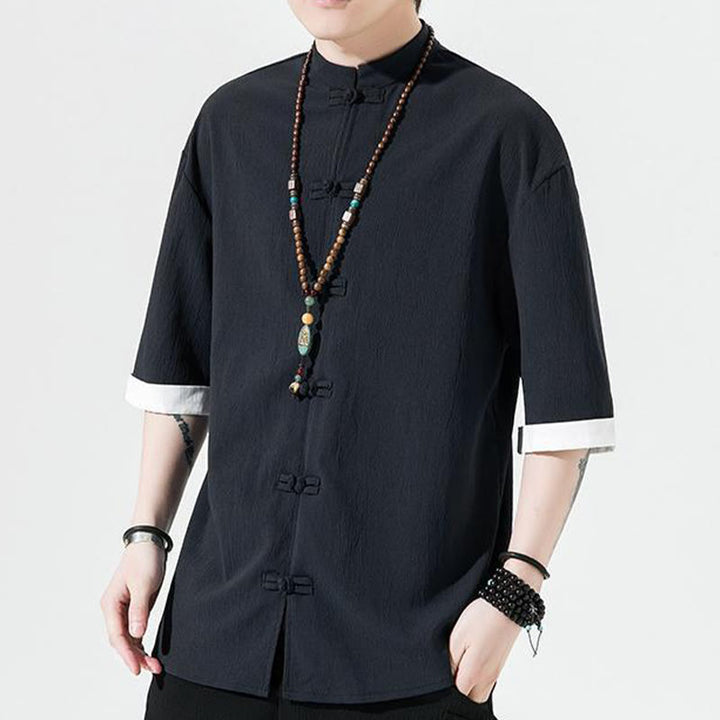 Chemise à manches mi-longues pour homme, motif Buddha Stones, style Tang uni, avec boutons grenouille