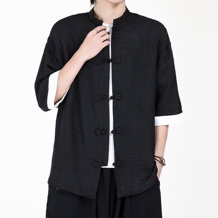 Chemise à manches mi-longues pour homme, motif Buddha Stones, style Tang uni, avec boutons grenouille