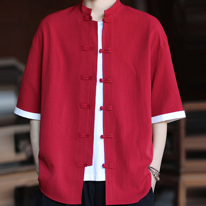 Chemise à manches mi-longues pour homme, motif Buddha Stones, style Tang uni, avec boutons grenouille