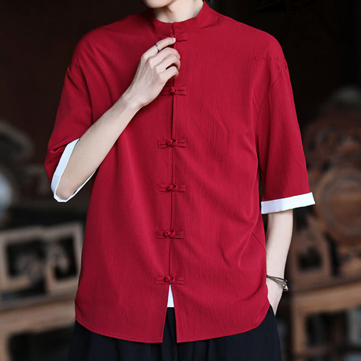 Chemise à manches mi-longues pour homme, motif Buddha Stones, style Tang uni, avec boutons grenouille