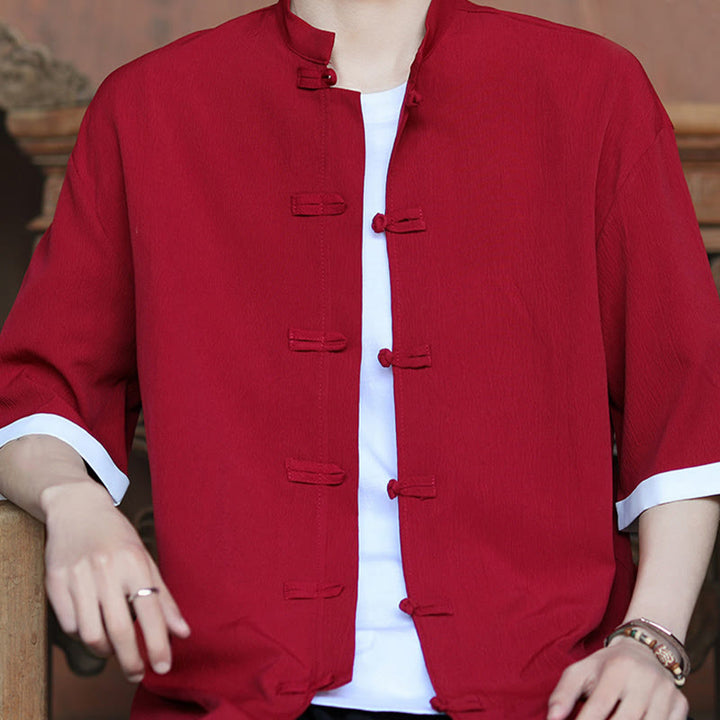 Chemise à manches mi-longues pour homme, motif Buddha Stones, style Tang uni, avec boutons grenouille