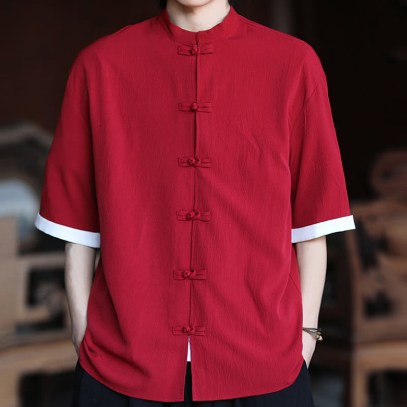 Chemise à manches mi-longues pour homme, motif Buddha Stones, style Tang uni, avec boutons grenouille