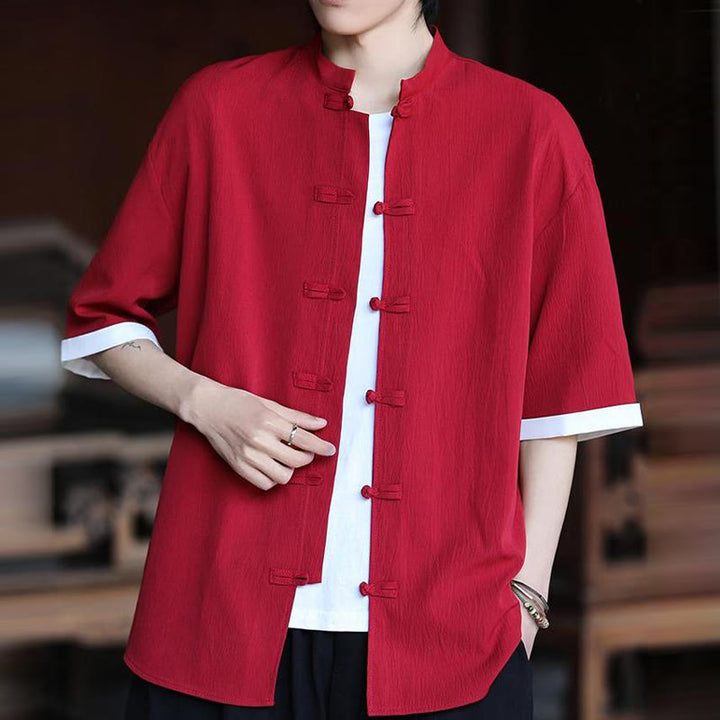 Chemise à manches mi-longues pour homme, motif Buddha Stones, style Tang uni, avec boutons grenouille