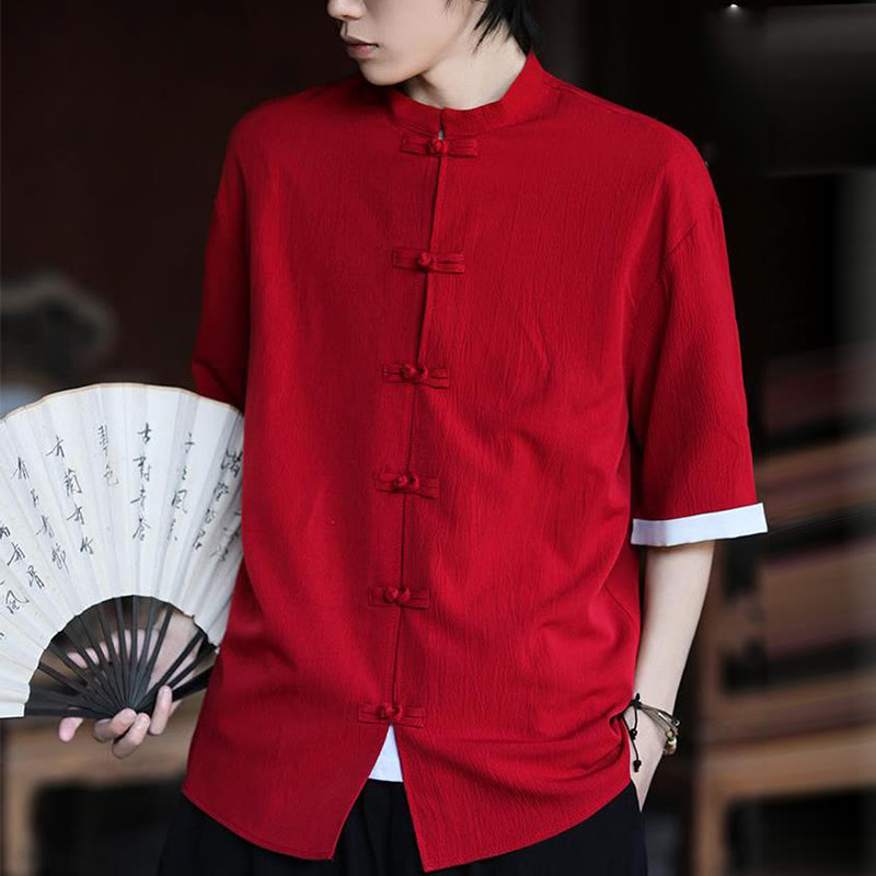 Chemise à manches mi-longues pour homme, motif Buddha Stones, style Tang uni, avec boutons grenouille