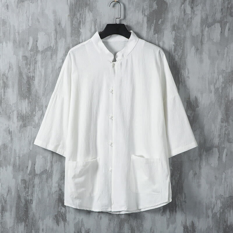 Chemise d'été en lin à manches mi-longues et poches pour homme, motif Buddha Stones , couleur unie