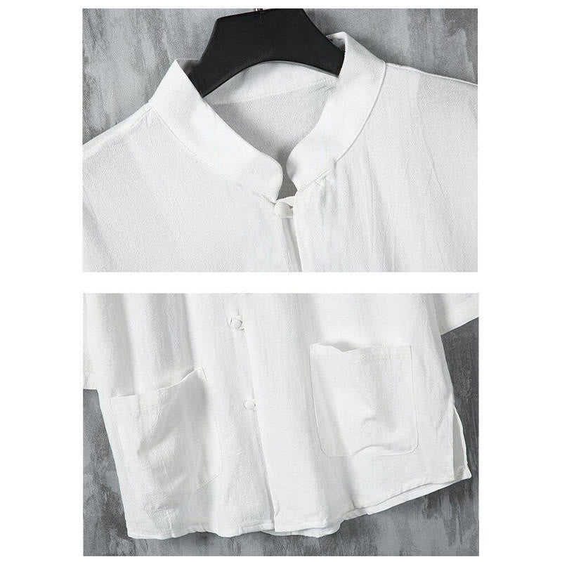 Chemise d'été en lin à manches mi-longues et poches pour homme, motif Buddha Stones , couleur unie