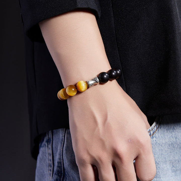 Bracelet de relaxation Buddha Stones en argent sterling 999, ébène, œil de tigre, obsidienne noire
